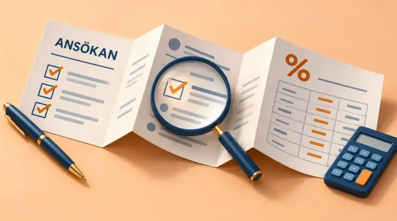 Illustration av en utvikbar låneansökan med checklista, förstoringsglas och kalkylator som symboliserar krav, kreditprövning och kostnader för ett privatlån.