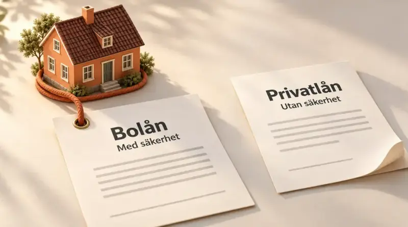 Illustration av ett hus knutet med ett rep till ett bolåneavtal och ett fristående privatlåneavtal, som visar skillnaden mellan lån med och utan säkerhet.