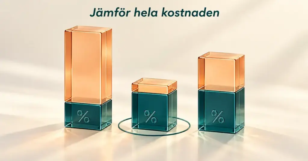 Tre staplar med ränta och avgifter illustrerar lånens totala kostnad, med det billigaste alternativet inringat under texten ”Jämför hela kostnaden”.