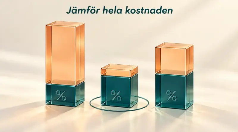 Tre staplar med ränta och avgifter illustrerar lånens totala kostnad, med det billigaste alternativet inringat under texten ”Jämför hela kostnaden”.