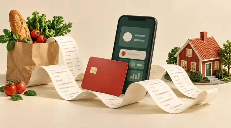 Illustration av ett rött bankkort, en mobil med bankapp och ett böljande kvitto som binder samman en matkasse och ett hus.
