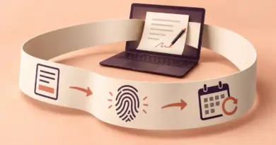 En pappersslinga runt en bärbar dator med symboler för ansökan, digital identifiering och återbetalning illustrerar hur ett internetlån hanteras på nätet.
