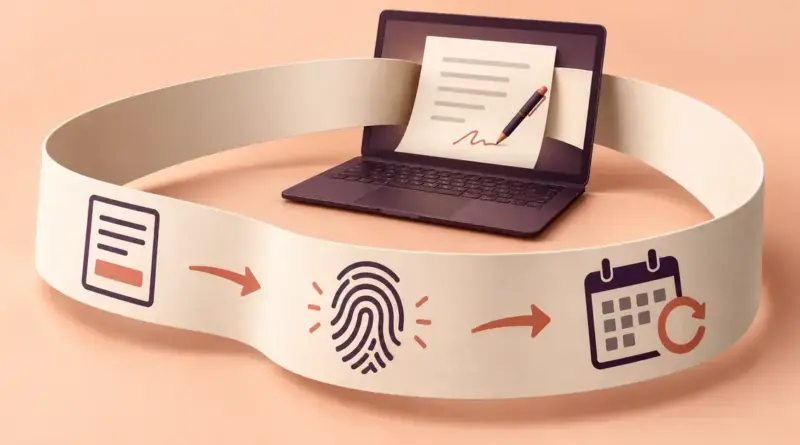 En pappersslinga runt en bärbar dator med symboler för ansökan, digital identifiering och återbetalning illustrerar hur ett internetlån hanteras på nätet.