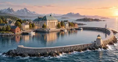 Illustration av en nordisk bankbyggnad vid en lugn hamn med en skyddande vågbrytare som symboliserar trygghet och stabilitet.