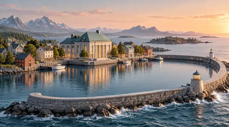 Illustration av en nordisk bankbyggnad vid en lugn hamn med en skyddande vågbrytare som symboliserar trygghet och stabilitet.