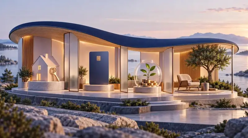 Illustration av en nordisk bankpaviljong med hus och nyckel, bankkort, sparande och en fåtölj under ett gemensamt tak som symboliserar Nordeas lån, kort, sparande och pension.