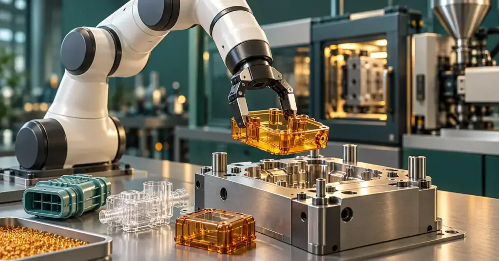 En samarbetsrobot lyfter en genomskinlig bärnstensfärgad plastdetalj ovanför ett metallverktyg i en modern fabrik för plast- och polymertillverkning.