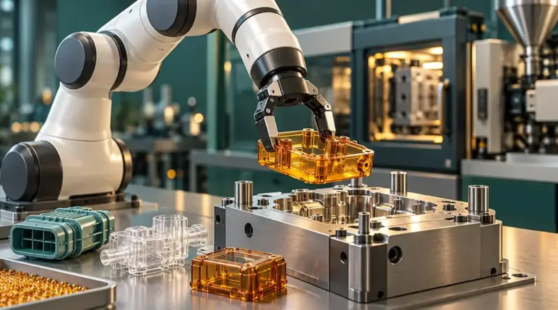 En samarbetsrobot lyfter en genomskinlig bärnstensfärgad plastdetalj ovanför ett metallverktyg i en modern fabrik för plast- och polymertillverkning.