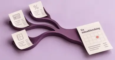 Tre separata låneavier förenas via lila banor till en gemensam avi med texten ”En månadsbetalning”, vilket illustrerar hur ett samlingslån fungerar.