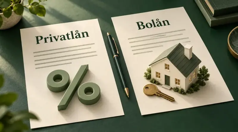 Illustration av två låneavtal för privatlån och bolån, med en procentsymbol samt ett modellhus och en nyckel på ett grönt skrivbord.