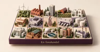 En fondandel illustrerad som en mosaik av företag i olika branscher, vilket symboliserar aktiefondens spridning av investeringar.