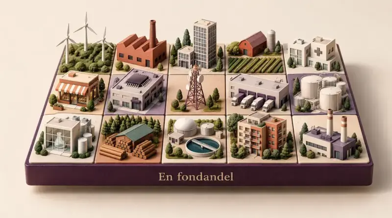 En fondandel illustrerad som en mosaik av företag i olika branscher, vilket symboliserar aktiefondens spridning av investeringar.