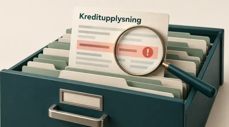 Illustration av en kreditupplysning i ett arkiv, där ett förstoringsglas framhäver en betalningsanmärkning med en röd markering.