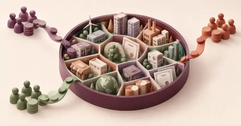 Illustration av tre grupper av sparare vars pengar samlas i en gemensam investeringsfond med innehav i olika företag och värdepapper.