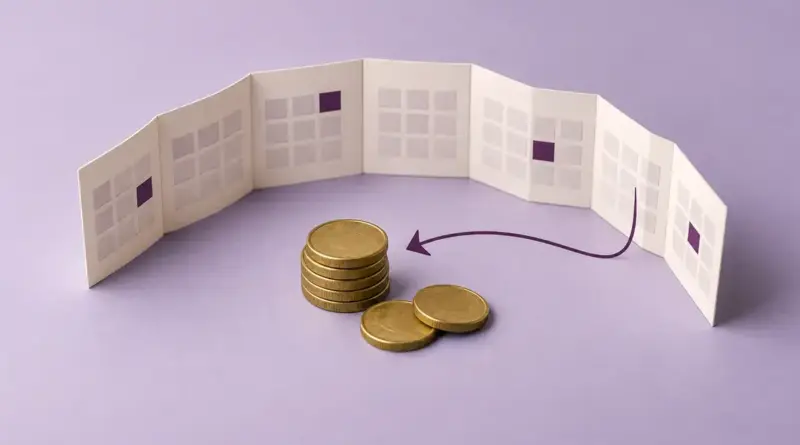 En liten hög mynt framför en vikt kalenderremsa med en böjd pil som symboliserar mikrolån och kort återbetalningstid.