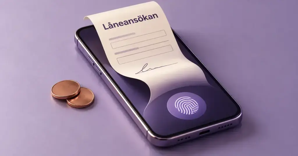 En mobiltelefon med en låneansökan och en fingeravtryckssymbol på skärmen samt två mynt bredvid illustrerar lån som söks via mobilen.