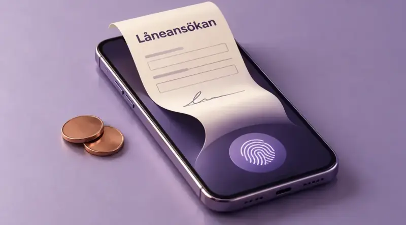 En mobiltelefon med en låneansökan och en fingeravtryckssymbol på skärmen samt två mynt bredvid illustrerar lån som söks via mobilen.