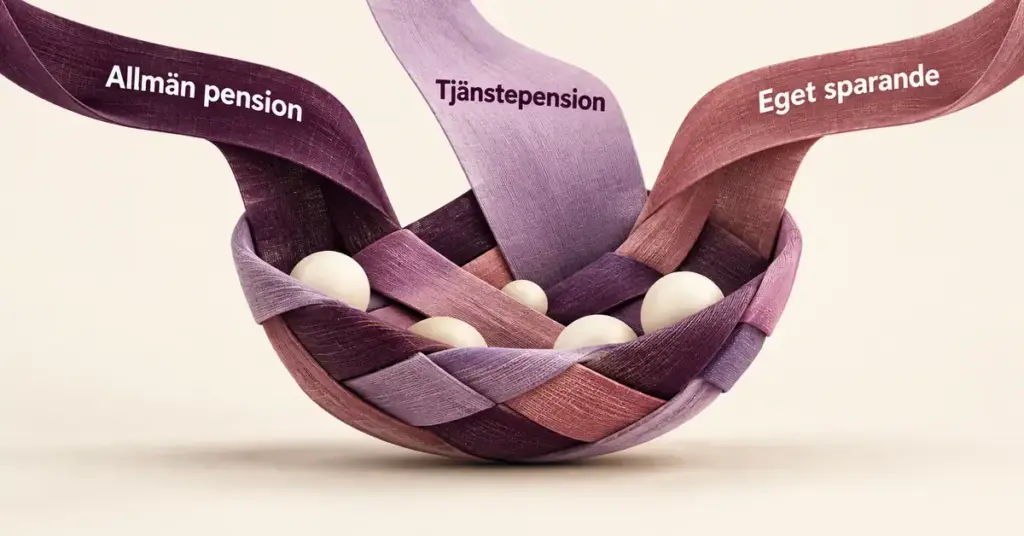 Tre band märkta Allmän pension, Tjänstepension och Eget sparande flätas samman till en korg som symboliserar pensionens tre delar.