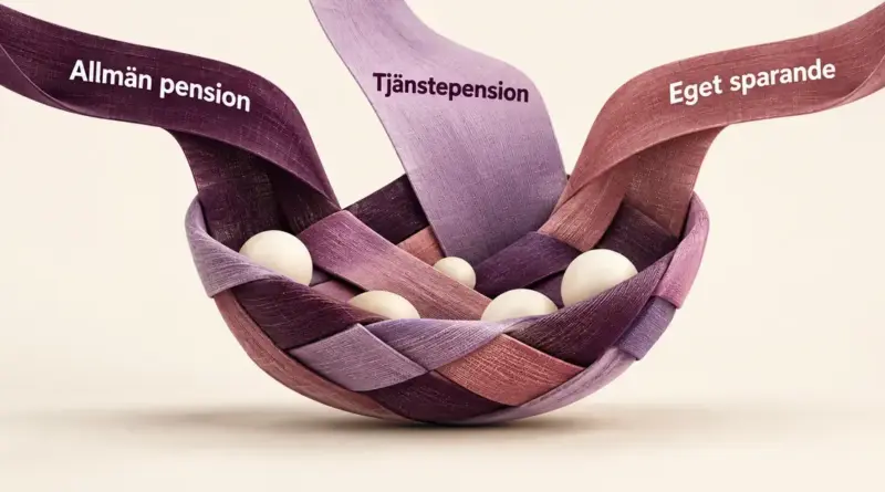 Tre band märkta Allmän pension, Tjänstepension och Eget sparande flätas samman till en korg som symboliserar pensionens tre delar.