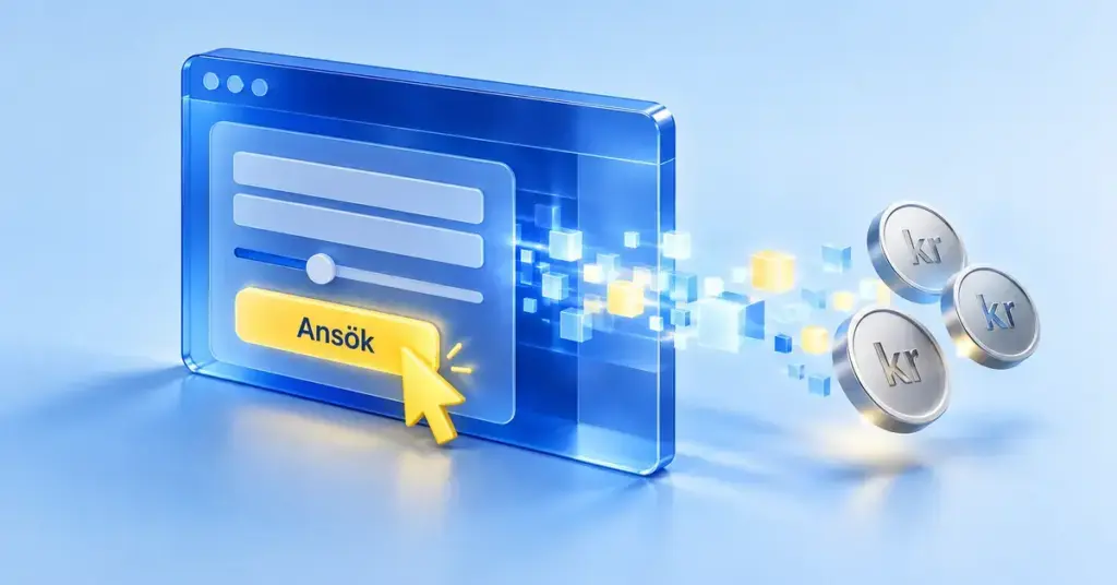 Ett blått webbläsarfönster med knappen Ansök, en gul muspekare och digitala pixlar som övergår i mynt illustrerar en låneansökan på nätet.