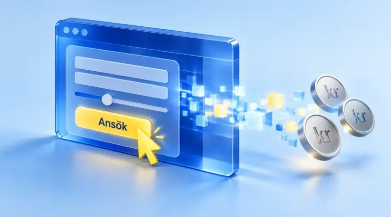 Ett blått webbläsarfönster med knappen Ansök, en gul muspekare och digitala pixlar som övergår i mynt illustrerar en låneansökan på nätet.